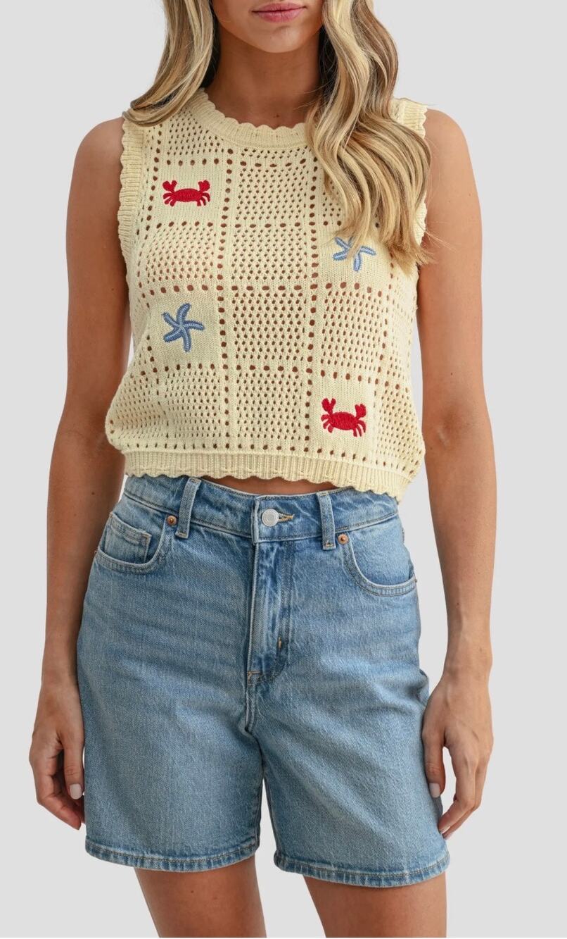 Lush Butter Yellow Sea Crab Starfish Embroidered Knit Tank-Size M